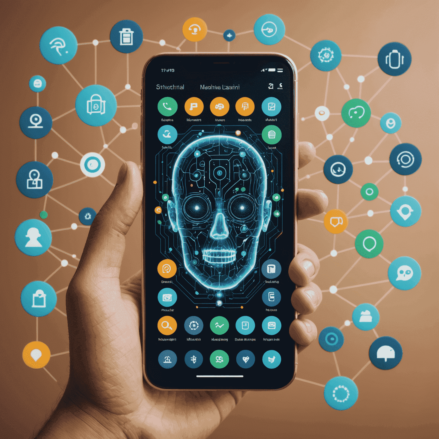 صورة توضيحية لواجهة هاتف ذكي تعرض تطبيقات ذكاء اصطناعي متنوعة، مع رموز وأيقونات تمثل التعلم الآلي والتفاعل الصوتي