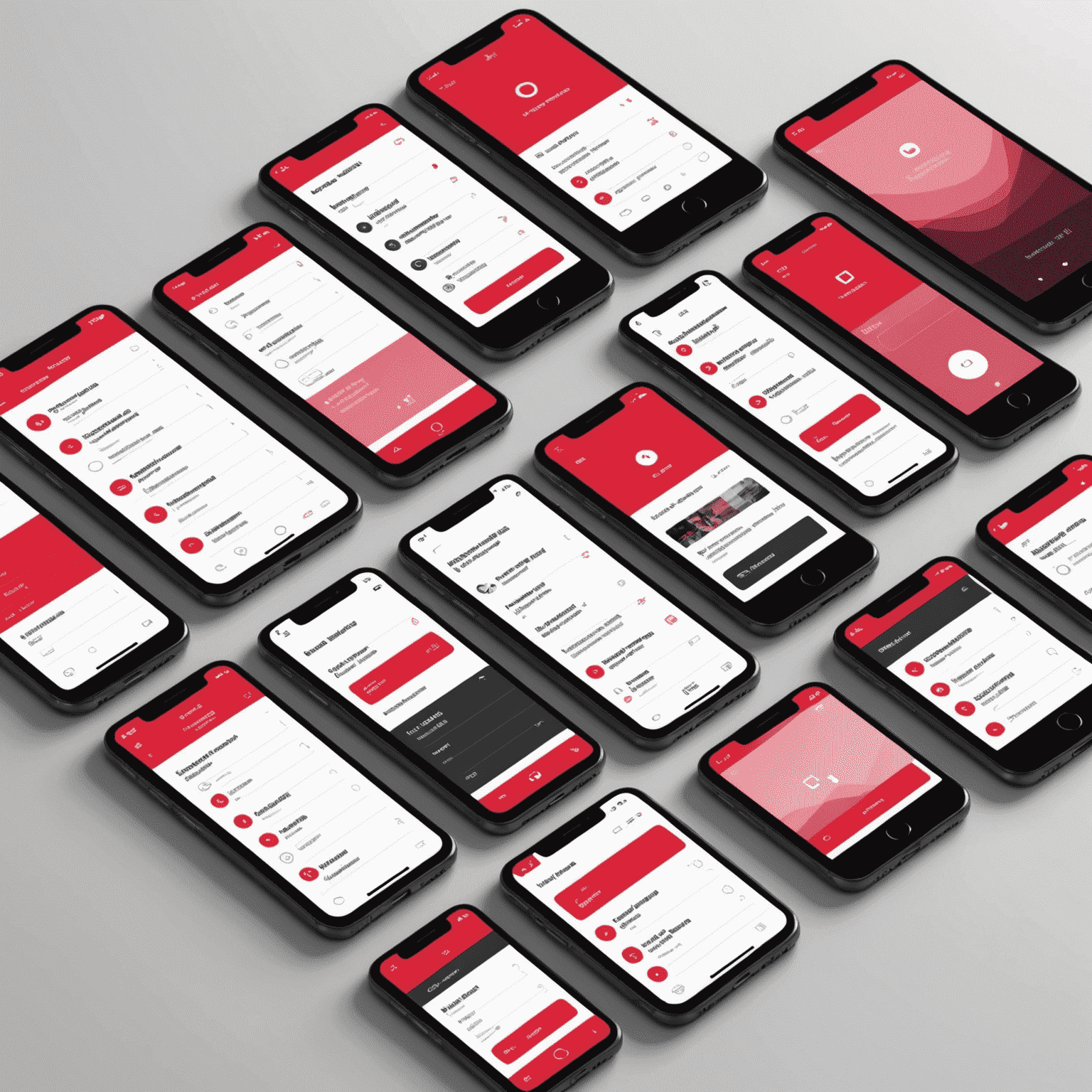 صورة توضيحية لواجهة مستخدم مخصصة لتطبيق جوال، تظهر شاشات متعددة بتصميم أنيق يجمع بين اللون الأحمر والوردي والأسود والأبيض
