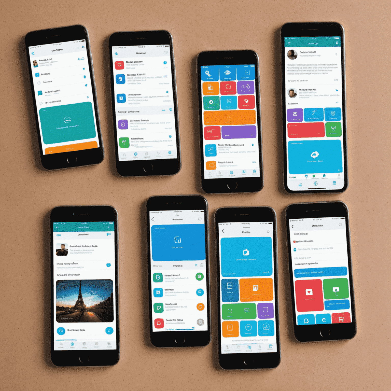 صورة توضيحية لتطوير تطبيقات الهواتف الذكية، تظهر شاشات متعددة لأجهزة iOS وAndroid مع واجهات مستخدم جذابة وحديثة