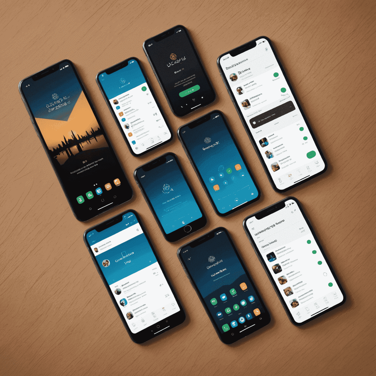 صورة توضح مجموعة من الهواتف الذكية تعرض تطبيقات اتصالات متنقلة إماراتية بتصميمات حديثة