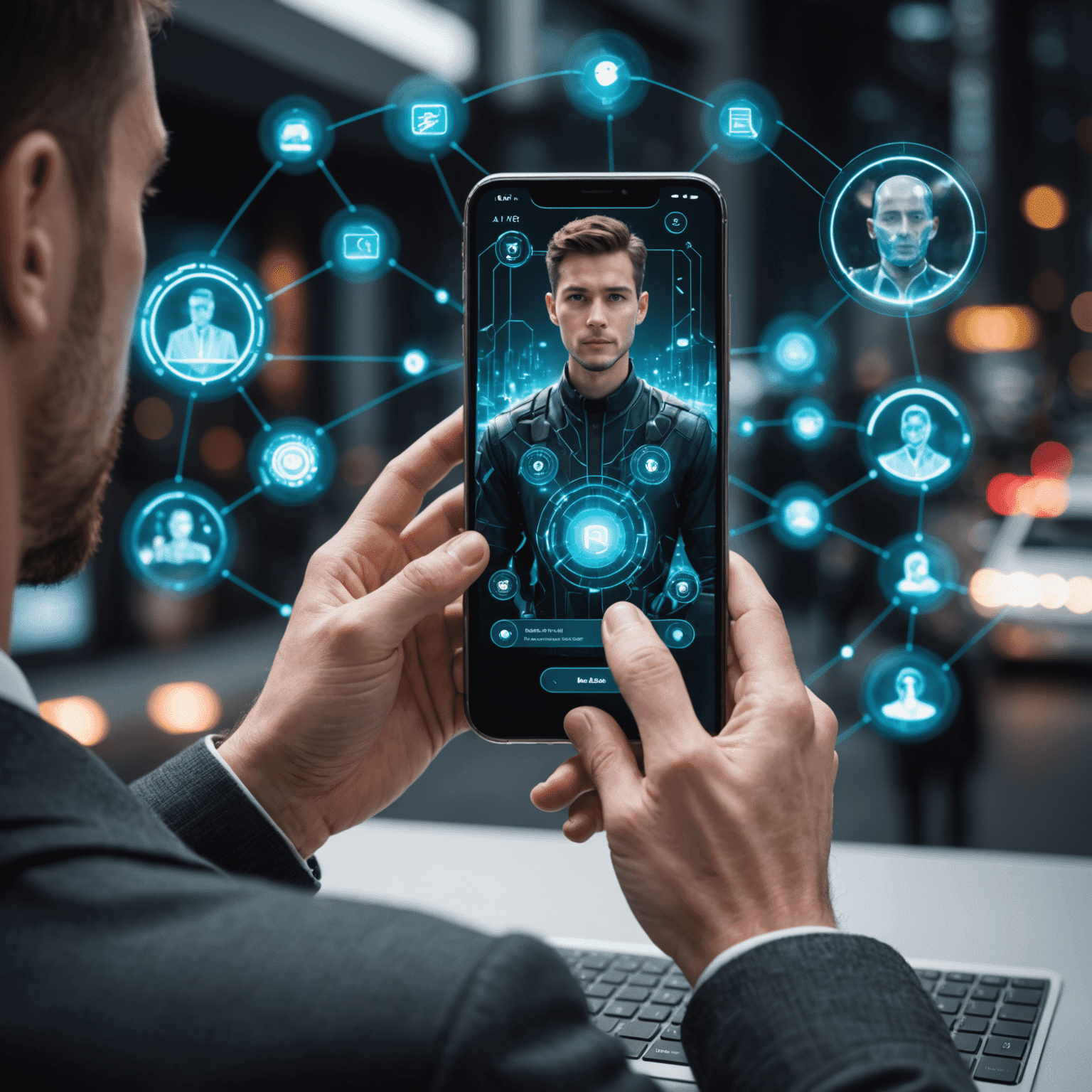 صورة لشخص يستخدم هاتفًا ذكيًا مع واجهة مستخدم مستقبلية تظهر عناصر الذكاء الاصطناعي المتكاملة، مثل الترجمة الفورية والتعرف على الصور في الوقت الحقيقي
